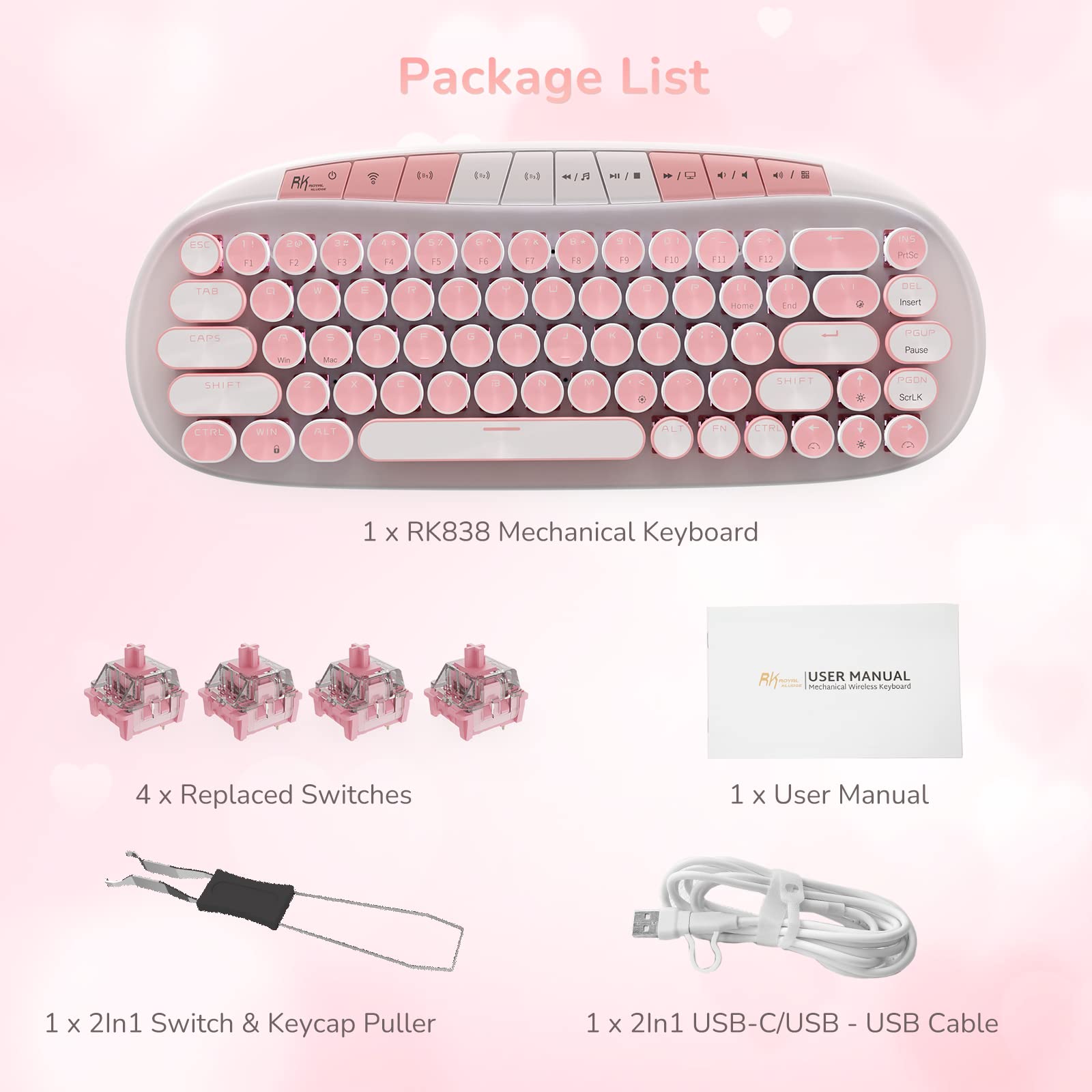 RK ROYAL KLUDGE RK838 Pink Wireless Keyboard, Retro Typewriter Keyboard BT/2.4G/Wired Mode, 75% RGB Hot Swappable Gaming Keyboard with Round Keys 10 Buttons, Pink Switches