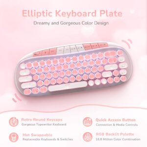 RK ROYAL KLUDGE RK838 Pink Wireless Keyboard, Retro Typewriter Keyboard BT/2.4G/Wired Mode, 75% RGB Hot Swappable Gaming Keyboard with Round Keys 10 Buttons, Pink Switches