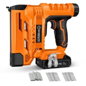 worksite cordless brad nailer 18 gauge, nail gun battery powered, staple gun for wood with 1000pcs nails and 1000pcs staples for soft woodworking & diy projects, battery & charger included