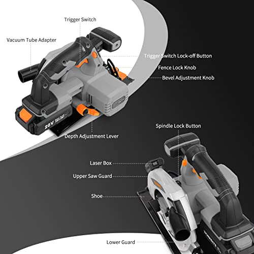 WORKSITE Cordless Circular Saw, 20V MAX 6-1/2 Inch Circular Saw with Electric Brake, 2.0A Battery & Fast Charger, 4000RPM Speed, 2Pcs Blades for Woodworking