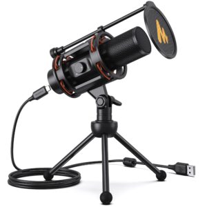 maono computer microphone all in one usb condenser mic 192khz/24bit with metal pop filter, tripod, gain knob&0-latency monitoring for zoom meeting, podcasting, streaming, youtube, voice over, gaming
