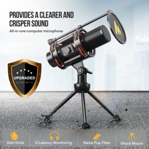 MAONO Computer Microphone All in One USB Condenser Mic 192kHz/24bit with Metal Pop Filter, Tripod, Gain Knob&0-Latency Monitoring for Zoom Meeting, Podcasting, Streaming, YouTube, Voice Over, Gaming