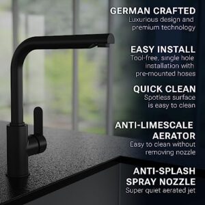 Kirchhoff Petra Premium Kitchen Faucet, 1-Handle, Cold Start Technology, Adjustable Hot Limit Cartridge, Easy Install, German-Made (Standard, Black)