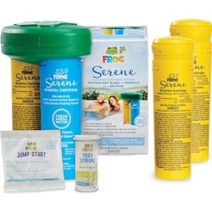 frog serene floating sanitizing system + 2 bromine cartridges for hot tubs, quick and easy self-regulating hot tub sanitizer with bromine and frog sanitizing minerals