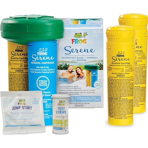 FROG Serene Floating Sanitizing System + 2 Bromine Cartridges for Hot Tubs, Quick and Easy Self-Regulating Hot Tub Sanitizer with Bromine and FROG Sanitizing Minerals