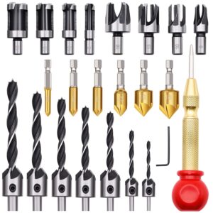 23pcs woodworking chamfer drilling tool set, including 7pcs 3-point countersink drill bit, 8pcs wood plug cutters, 6pcs countersink drill bits, 1pcs l-wrench, 1pcs center punch for wood