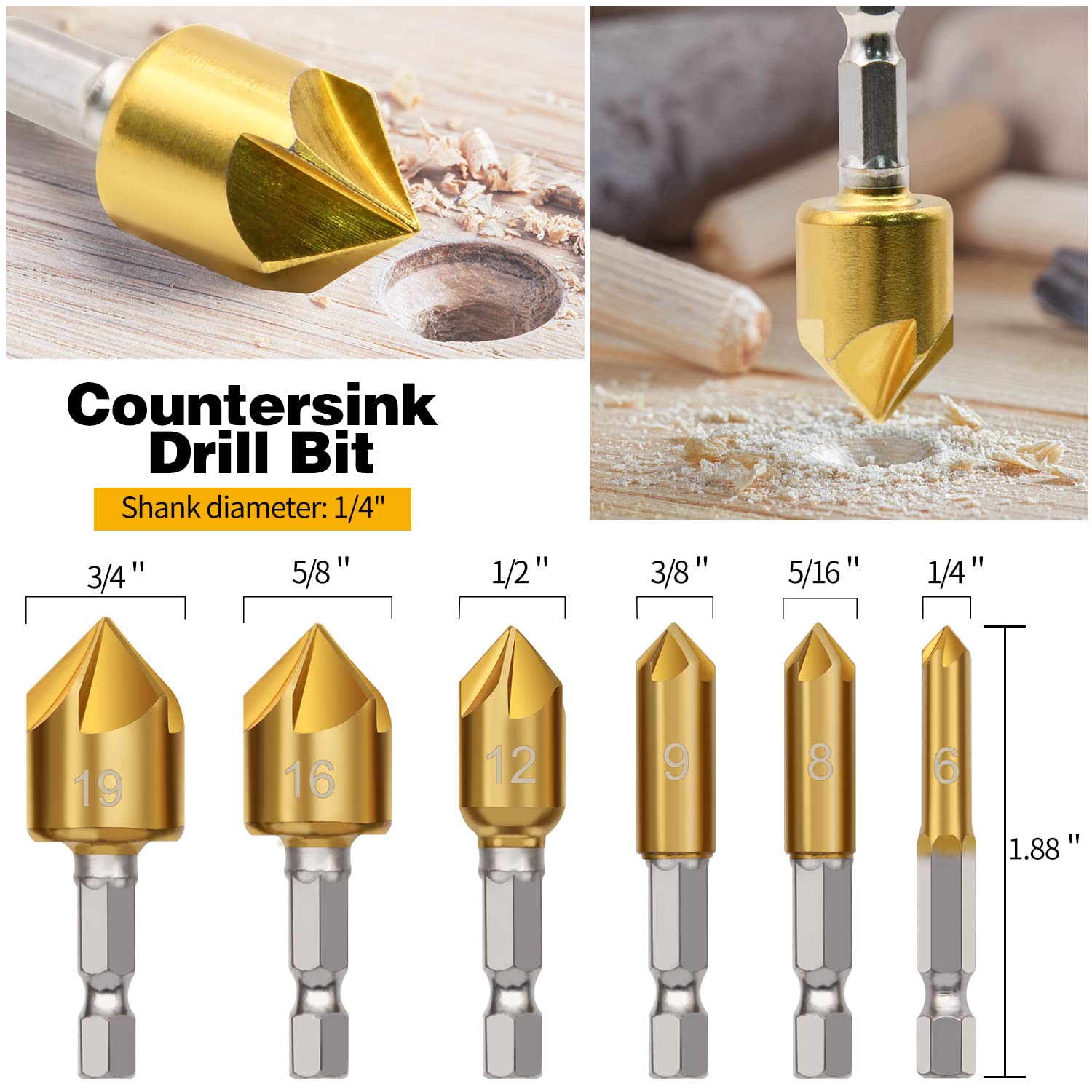 23pcs Woodworking Chamfer Drilling Tool Set, Including 7pcs 3-Point Countersink Drill Bit, 8pcs Wood Plug Cutters, 6pcs Countersink Drill Bits, 1pcs L-Wrench, 1pcs Center Punch for Wood