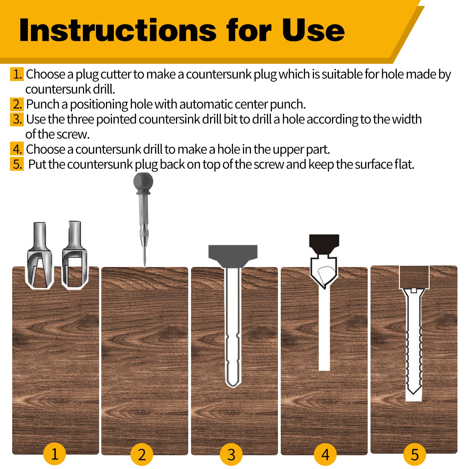 23pcs Woodworking Chamfer Drilling Tool Set, Including 7pcs 3-Point Countersink Drill Bit, 8pcs Wood Plug Cutters, 6pcs Countersink Drill Bits, 1pcs L-Wrench, 1pcs Center Punch for Wood