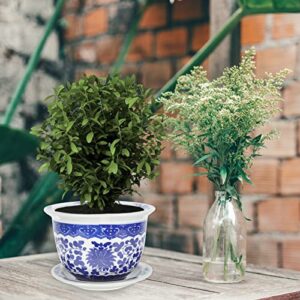 GANAZONO Outdoor Planters Blue and White Porcelain Flower Pot with Porcelain Saucer Chinese Ceramic Plant Pots Balcony Planter Bonsai Pot for Garden and Indoor Plant Saucers