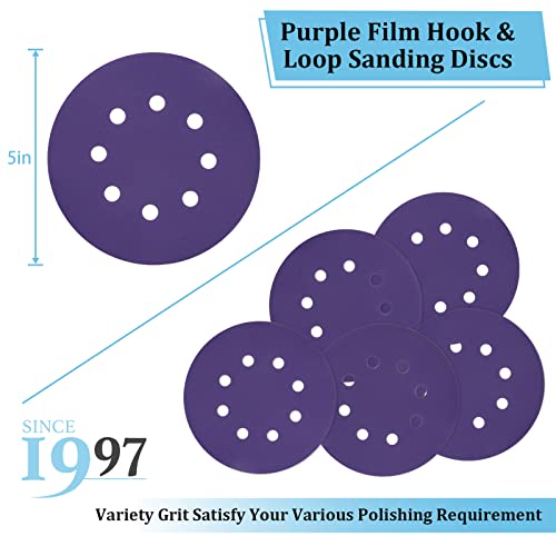 Q22T - 5 Inch 8 Hole Hook and Loop Sanding Discs - 3 Each of 80 120 180 220 240 320 Grit Sandpaper Discs - Purple Film Orbital Sander Pads for Automative - D DMS DIMEISI