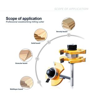 CSOOM 2-Piece Tongue and Groove Router Bit Set with 1/4 Inch Shank, 3 Teeth, and Adjustable T Shape - Ideal Woodworking Tool for Wood Milling and Cutting