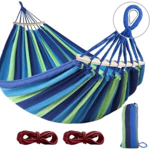 mosfiata hammocks portable camping hammock upgraded 550lb comfortable fabric hammock with two anti roll balance beam and sturdy tree straps for camping, patio, backyard, outdoor （blue green）