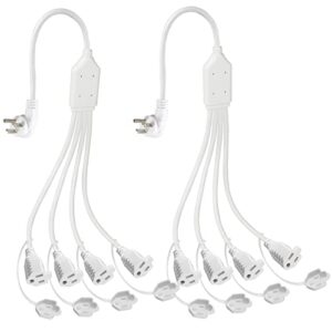 kuncan 4 way power splitter - 45 degrees lower right corner downward angled us flat plug 1 to 4 extended outlets male to female svt 16awg extension cable strip for home, office, school (white 2-pack)