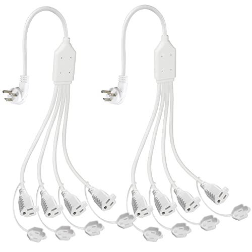 KUNCAN 4 Way Power Splitter - 45 Degrees Lower Right Corner Downward Angled US Flat Plug 1 to 4 Extended Outlets Male to Female SVT 16AWG Extension Cable Strip for Home, Office, School (White 2-Pack)