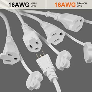 KUNCAN 4 Way Power Splitter - 45 Degrees Lower Right Corner Downward Angled US Flat Plug 1 to 4 Extended Outlets Male to Female SVT 16AWG Extension Cable Strip for Home, Office, School (White 2-Pack)