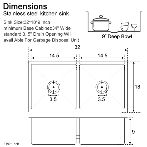 TSIBOMU 32 x 18 inch Undermount Double Bowl Kitchen Sink, 304 Stainless Steel 50/50 Double Bowl Workstation Sink (Brushed)