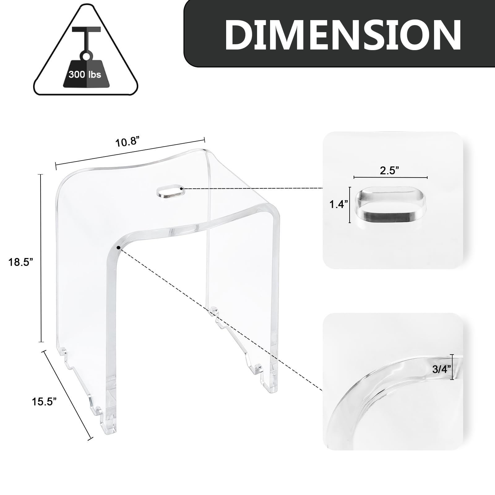 NEJHC Acrylic Shower Bench, Clear Shower Stool Bath Seat with Anti-Slip Feets and Water Flowing Design, Beautiful Integrated Acrylic, No Assembly Required, 300lbs Weight Capacity