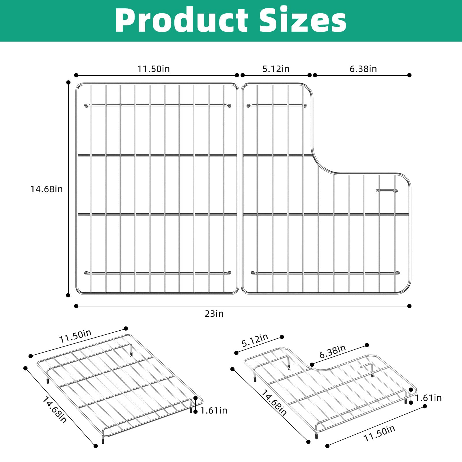 Dreyoo Sink Racks Compatible with Kohler Whitehaven K-6486 and K-6487 Sink, 304 Stainless Steel Sink Protectors for Kitchen Sink with 9 Additional Rubber Feet, 14.68 x 23 x 1.61 in (Classic Style)