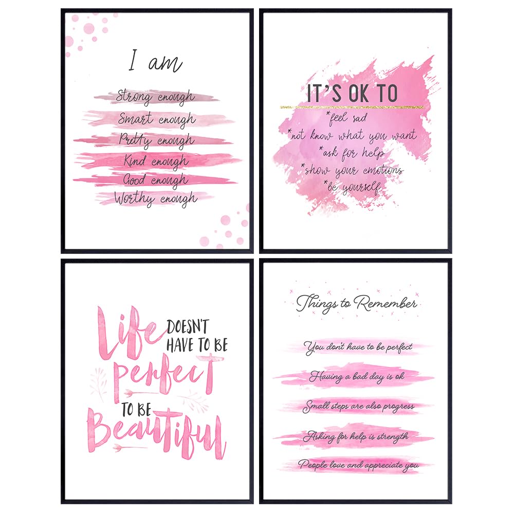 Yellowbird Art & Design Inspirational Quotes Wall Decor - Pink Motivational poster Set - Positive Affirmations Wall Art - Encouraging Gift for Women Girls - I Am - Inspiring Wall Art - UNFRAMED 8x10