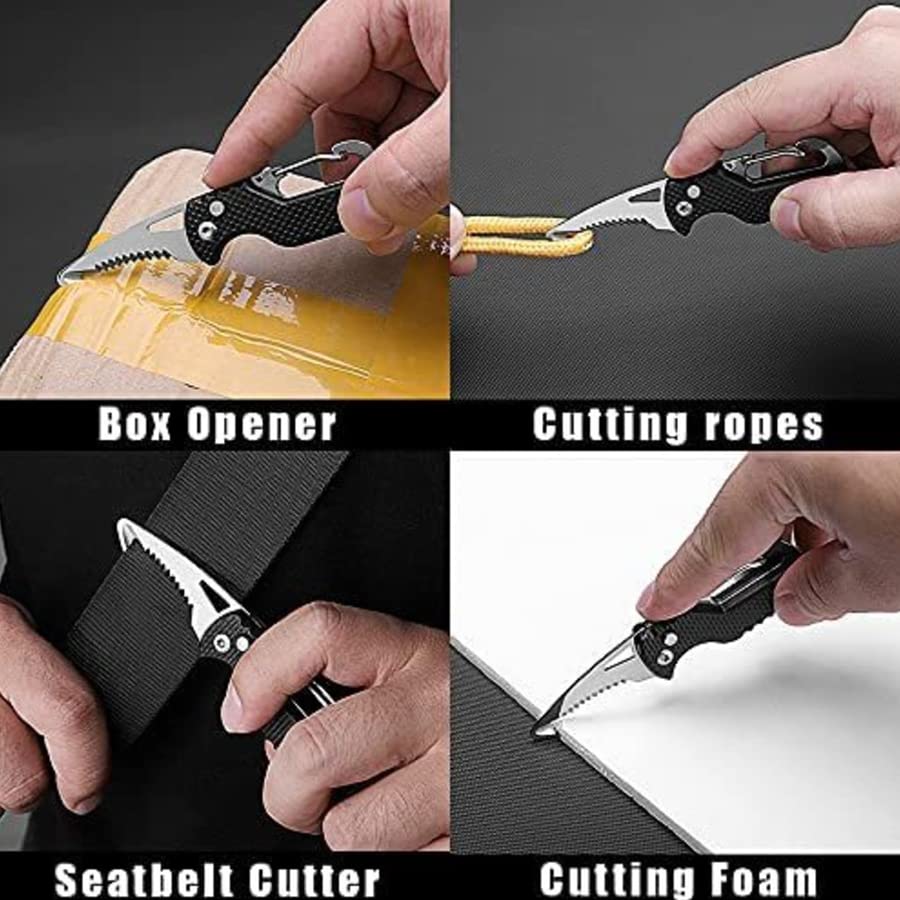 ARFUKA Hook Knife 2-in-1 Hook Blade Utility Knife Folding Camping Knife Parcel Knife Pocket Carton Cutter Box Opener Outdoor Multitool with Carabiner Black