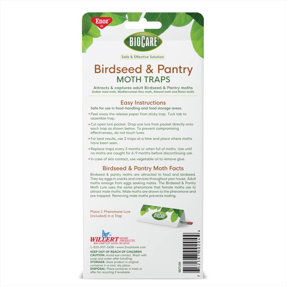 Enoz BioCare Birdseed and Pantry Moth Trap - 2 Traps with Pheromone Lures (Pack of 6) - Attracts and Kills Pantry and Birdseed Moths - Lure and Sticky Pad Design - Safe and Effective