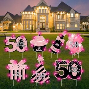 combojoy 50th birthday decorations for women - 7 pcs black & pink 50 birthday yard signs with stakes,sparkling at night - outdoor lawn decorations