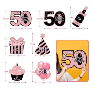 ComboJoy 50th Birthday Decorations For Women - 7 PCS Black & Pink 50 Birthday Yard Signs with Stakes,Sparkling At Night - Outdoor Lawn Decorations