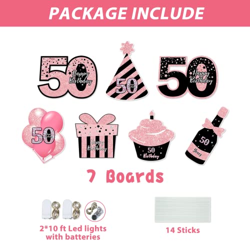 ComboJoy 50th Birthday Decorations For Women - 7 PCS Black & Pink 50 Birthday Yard Signs with Stakes,Sparkling At Night - Outdoor Lawn Decorations