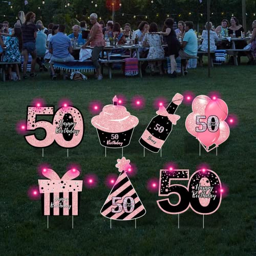 ComboJoy 50th Birthday Decorations For Women - 7 PCS Black & Pink 50 Birthday Yard Signs with Stakes,Sparkling At Night - Outdoor Lawn Decorations