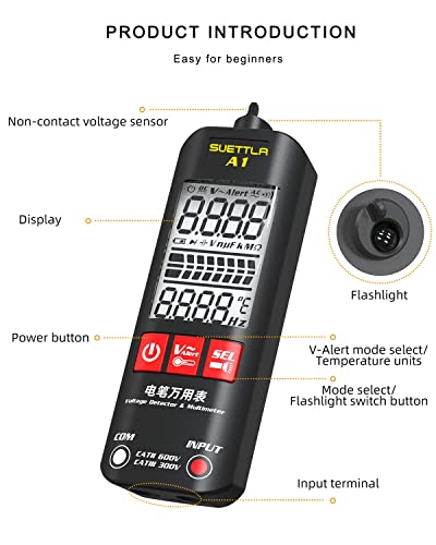 SUETTLA A1 Voltage Tester, Non Contact Voltmeter Digital Smart Multimeter Electric Detector for Measure AC/DC Volt, Liver Wire, Resistance, Continuity