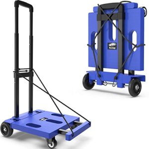ronlap folding hand truck, portable dolly cart foldable lightweight, 4 wheels push cart dolly for moving, 265lbs heavy duty moving dollys with wheels, small platform hand cart with 2 ropes, blue