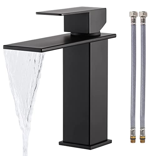 KES Bathroom Sink Faucet Single Hole, Black Bathroom Faucet Waterfall Faucet with Supply Lines for Bathroom Sink, SUS304 Stainless Steel, L3158ALF-BK