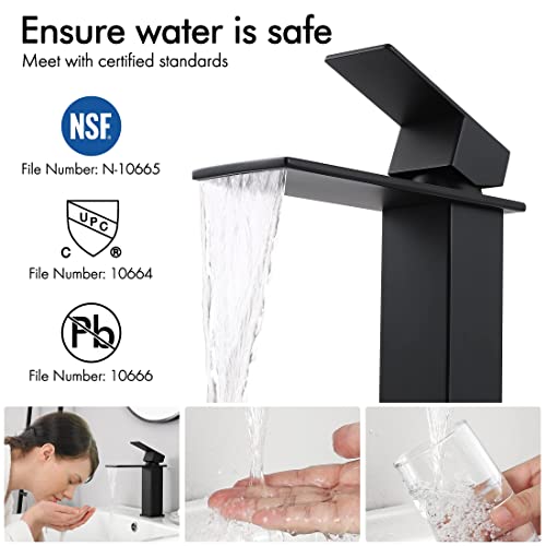 KES Bathroom Sink Faucet Single Hole, Black Bathroom Faucet Waterfall Faucet with Supply Lines for Bathroom Sink, SUS304 Stainless Steel, L3158ALF-BK