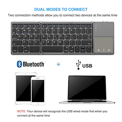 VssoPlor Foldable Bluetooth Keyboard with Touchpad, Dual Modes USB Wired Folding Wireless, Portable Mini Pocket Size Travel Keyboard for Android Tablet Windows-Dark Gray