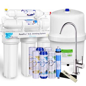 pureplus 5-stage reverse osmosis filtration system, with 80gpd stable flow, nsf certified ro drinking water purification, with nickel faucet and tank, plus under sink replacement home filters