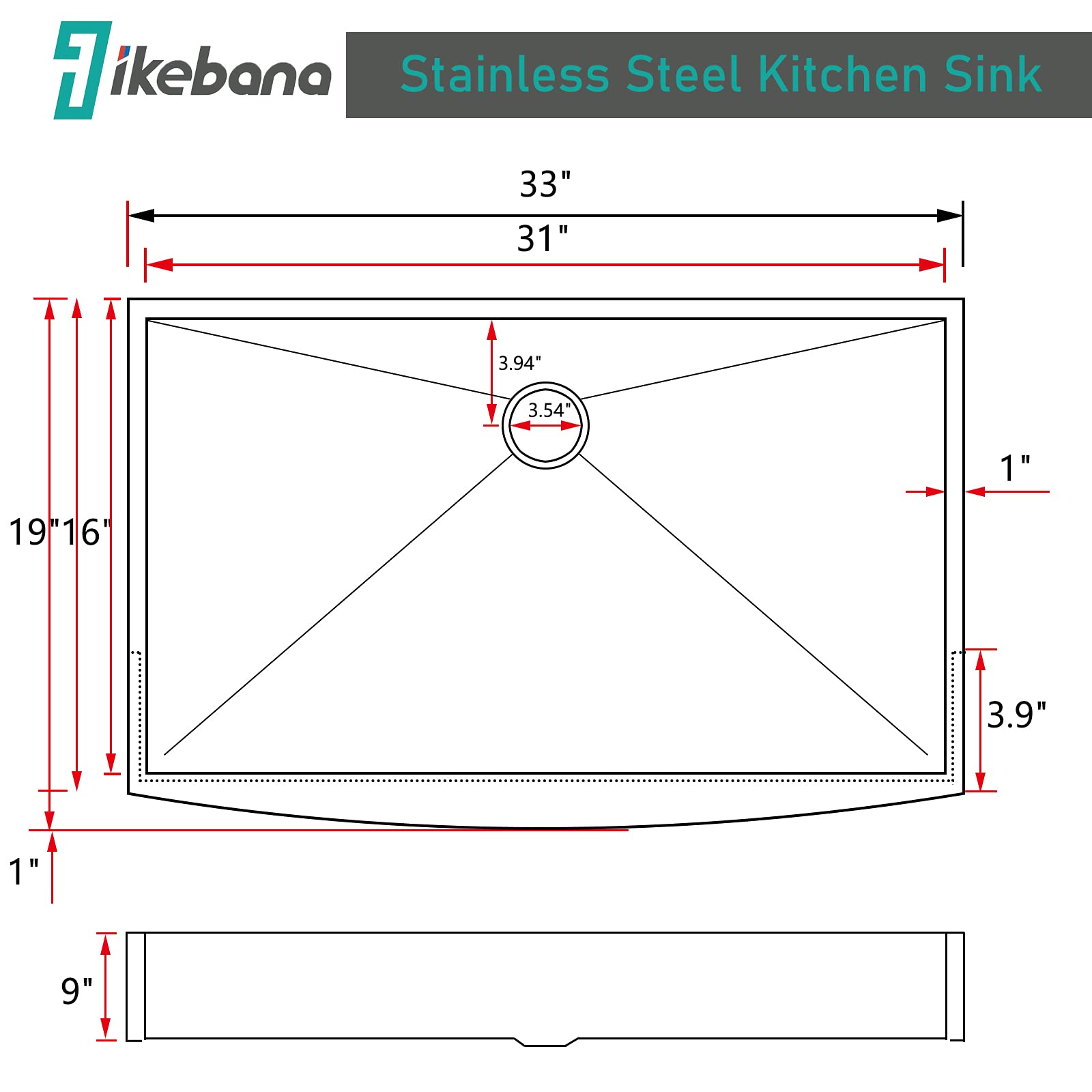 Farmhouse Sink 33 inch,Stainless Steel Single Bowl Apron Front IKEBANA 33x20 Farmhouse Kitchen Sink,33 inch Farm Sink,Farmhouse Kitchen Sink with All Accessories