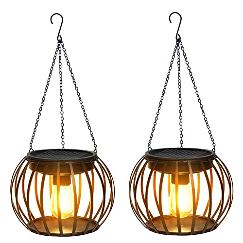 Yiliaw Solar Outdoor Lights 2 Pack,Hanging Solar Lights Outdoor Metal Outdoor Hanging Lanterns Decorative Lighting Solar Powered Waterproof Solar Lantern for Garden Yard Patio Pathway Fence Decor