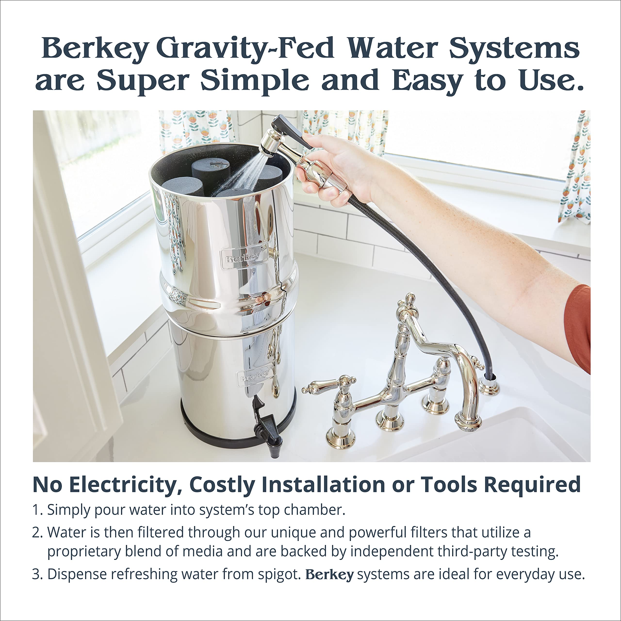 Big Berkey Gravity-Fed Water Filter System with 2 Black Berkey Elements Plus Deluxe 7" Stainless Steel Berkey Water View Spigot