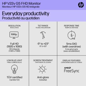 HP V22v G5 FHD Monitor, AMD FreeSync Technology, HDCP Support for HDMI (V22v G5, Black)
