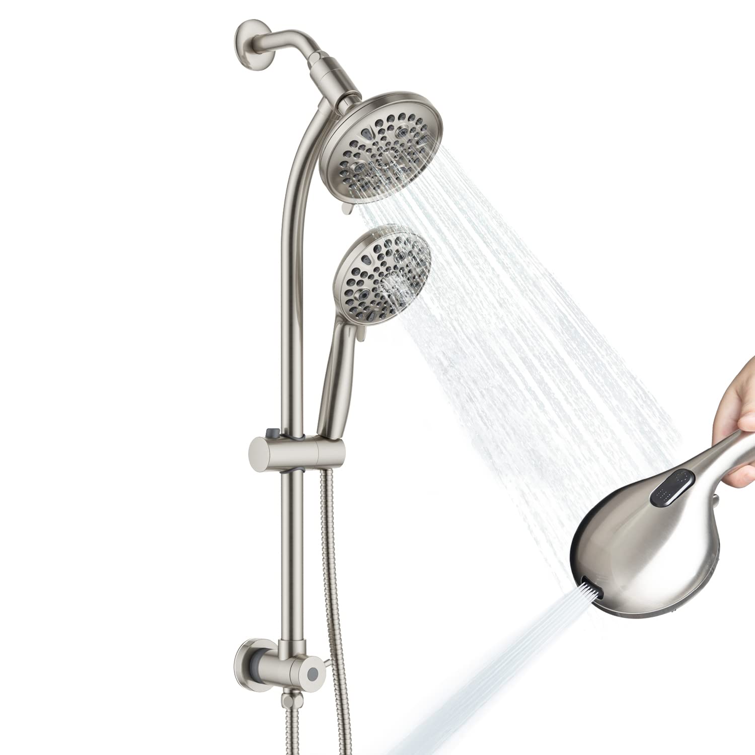 High Pressure Handheld/Rain 82-mode 3-way Shower Head Combo with 25.75" Adjustable Drill-free Stainless Steel Slide Bar, Pet & Tub Power Wash and Anti-clog Nozzles, with 5ft Hose - Brush Nickel