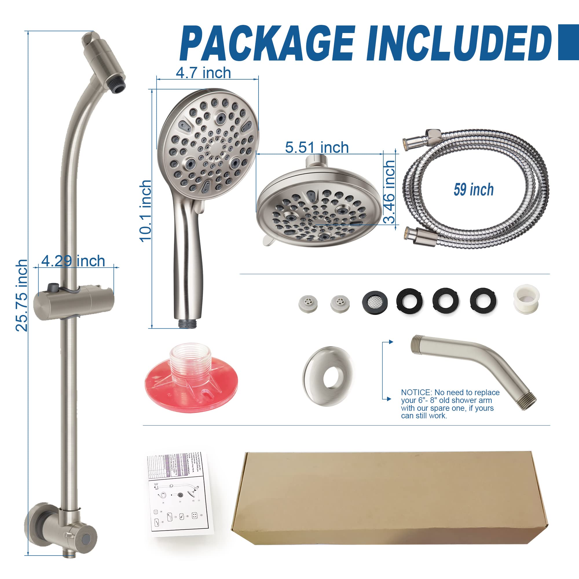 High Pressure Handheld/Rain 82-mode 3-way Shower Head Combo with 25.75" Adjustable Drill-free Stainless Steel Slide Bar, Pet & Tub Power Wash and Anti-clog Nozzles, with 5ft Hose - Brush Nickel