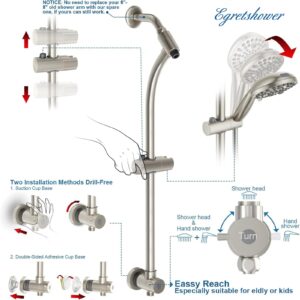 High Pressure Handheld/Rain 82-mode 3-way Shower Head Combo with 25.75" Adjustable Drill-free Stainless Steel Slide Bar, Pet & Tub Power Wash and Anti-clog Nozzles, with 5ft Hose - Brush Nickel