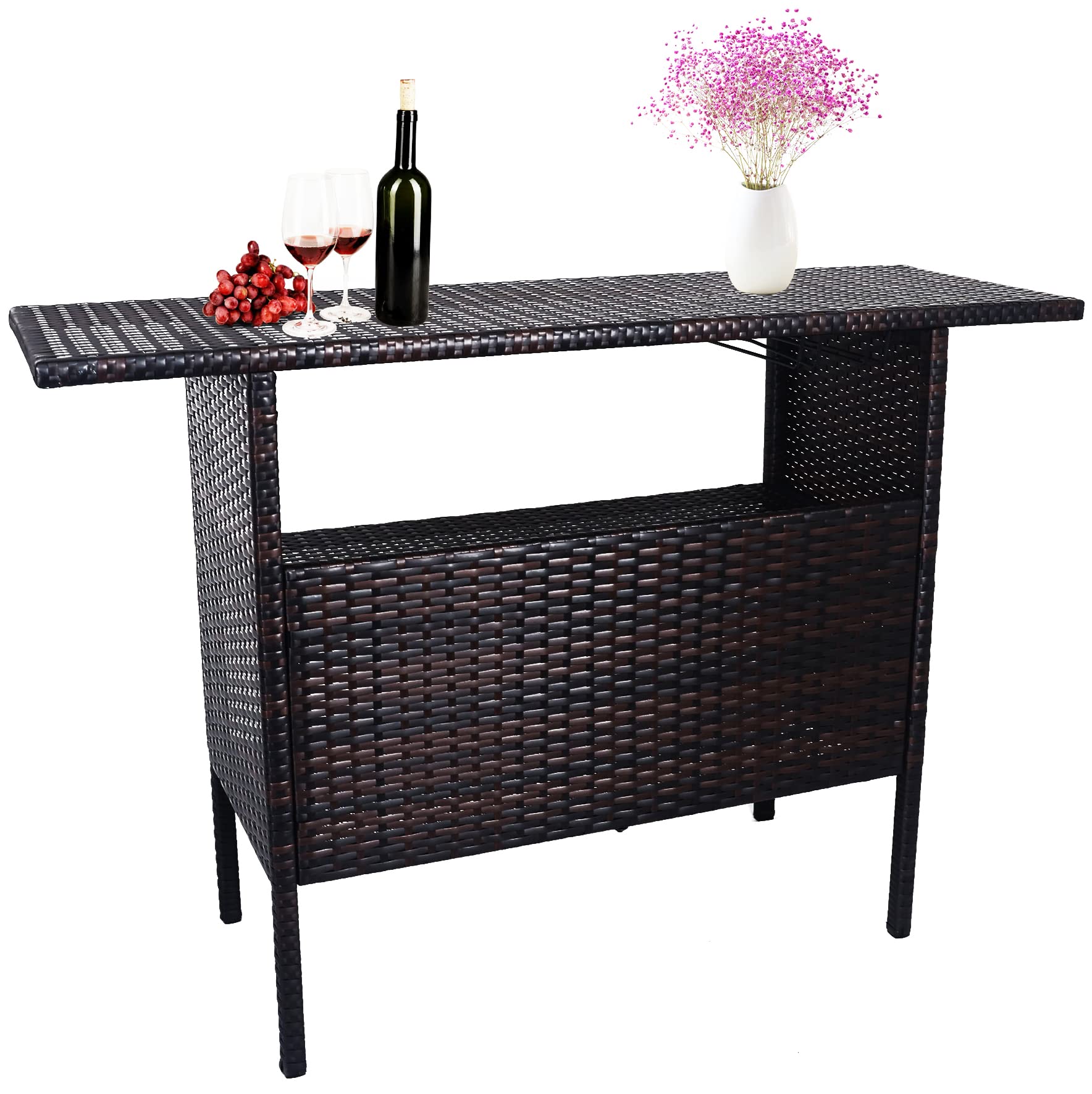 BalanceFrom Outdoor Patio Wicker Bar Counter Table Backyard Furniture with Shelves and Rails