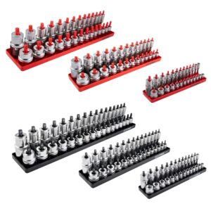 oemtools 22234 6 piece sae and metric socket tray set, sae and metric socket storage for sizes 1/4", 3/8”, and 1/2" drive, socket holders and socket organizer tray for toolbox, red and black