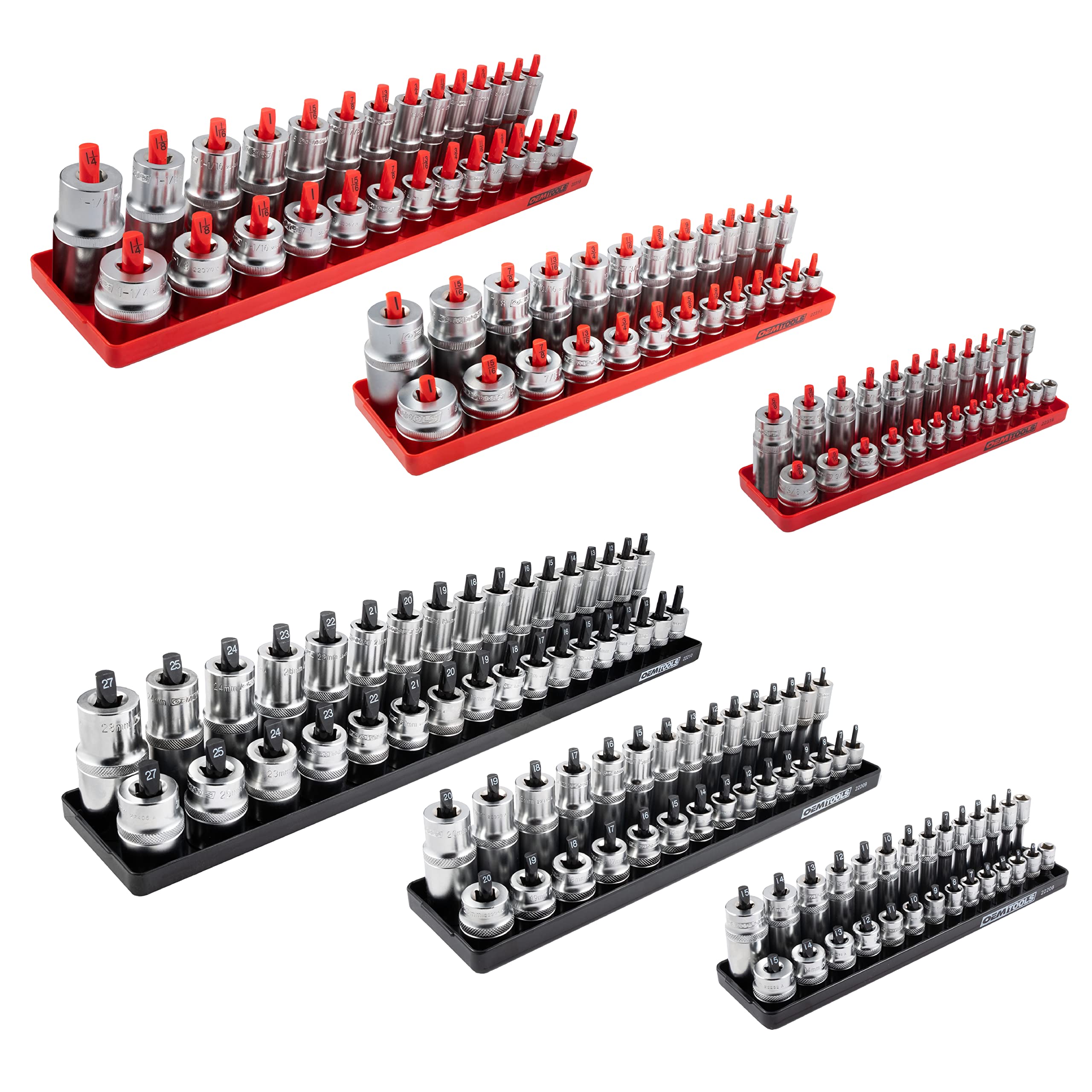 OEMTOOLS 22234 6 Piece SAE and Metric Socket Tray Set, SAE and Metric Socket Storage for Sizes 1/4", 3/8”, and 1/2" Drive, Socket Holders and Socket Organizer Tray for Toolbox, Red and Black