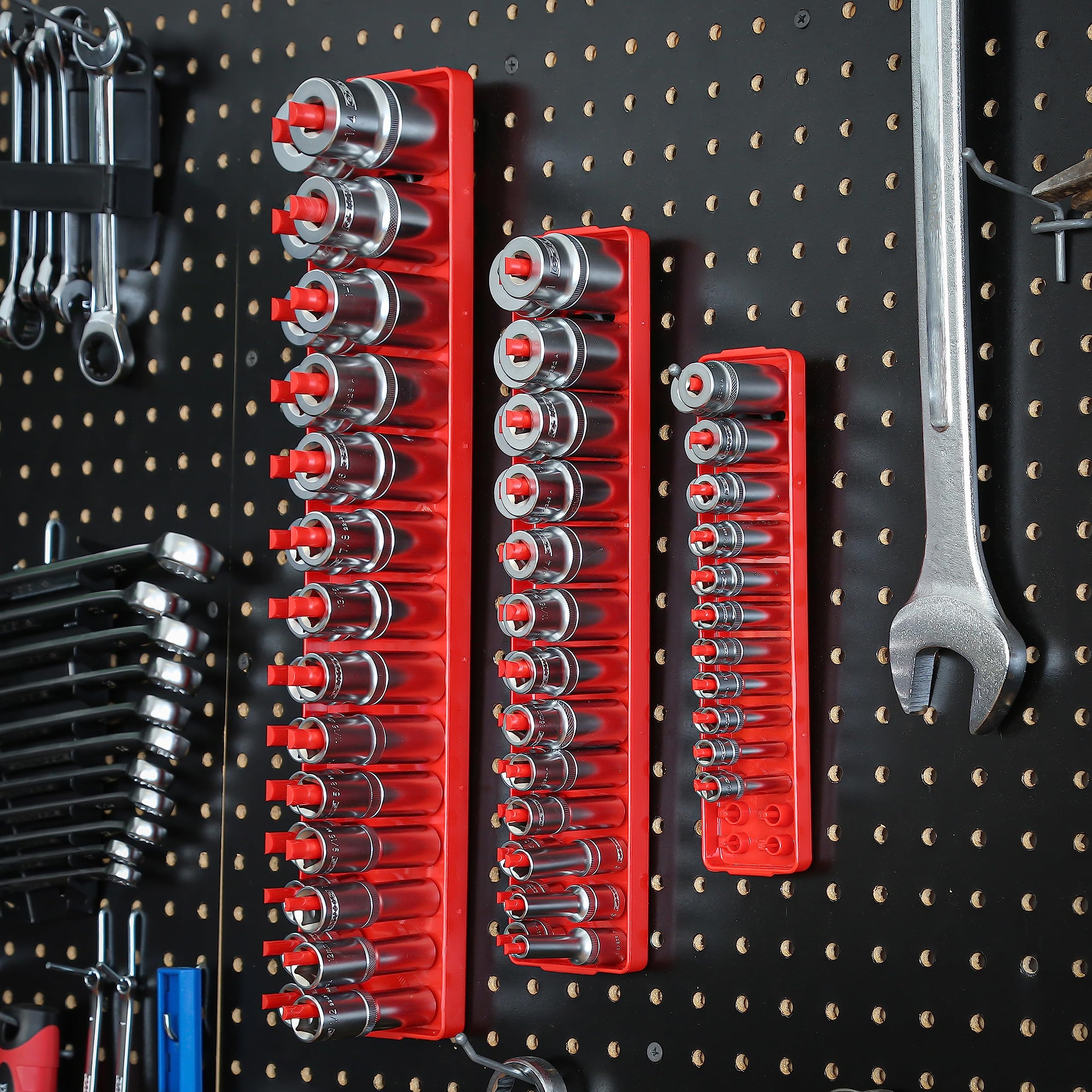 OEMTOOLS 22234 6 Piece SAE and Metric Socket Tray Set, SAE and Metric Socket Storage for Sizes 1/4", 3/8”, and 1/2" Drive, Socket Holders and Socket Organizer Tray for Toolbox, Red and Black