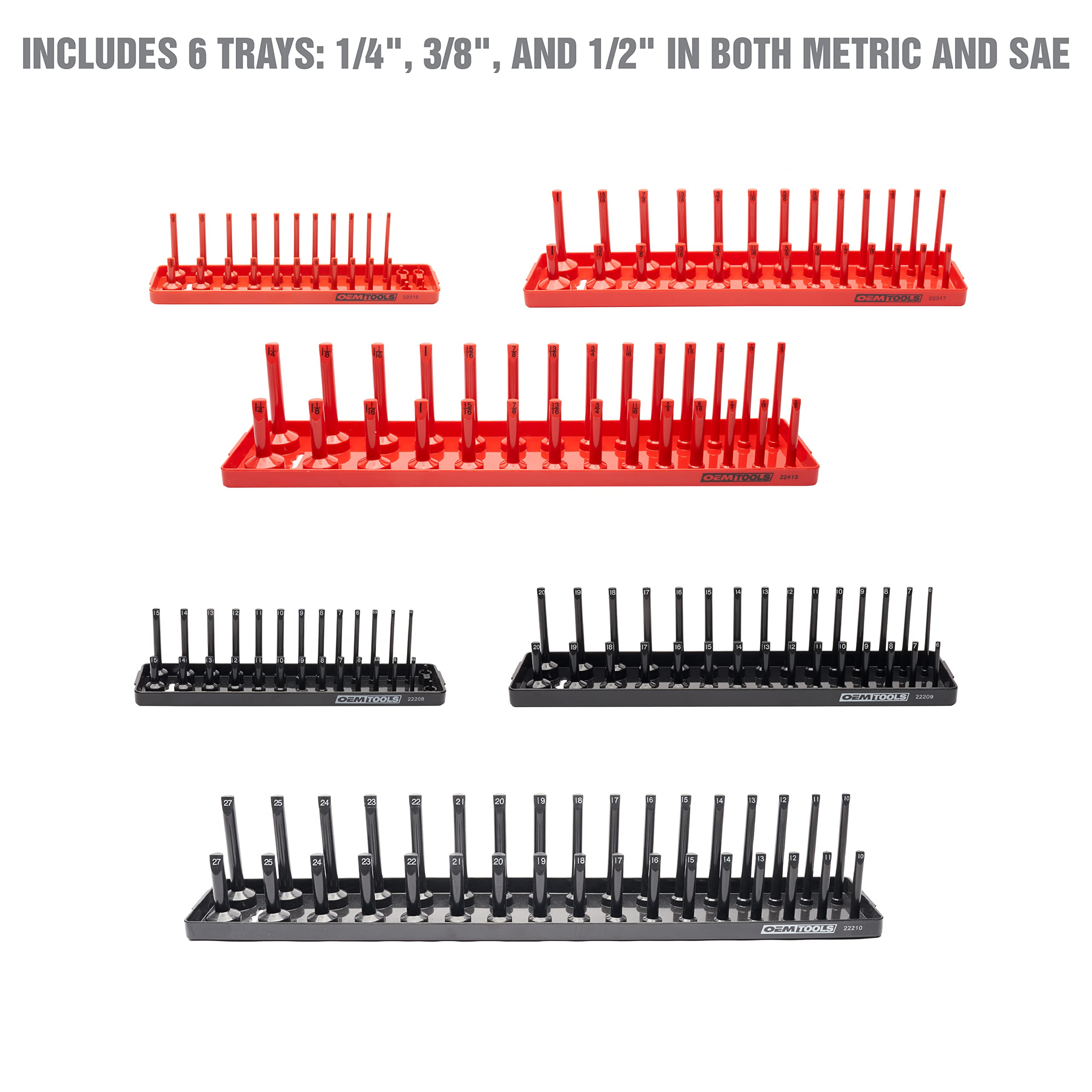 OEMTOOLS 22234 6 Piece SAE and Metric Socket Tray Set, SAE and Metric Socket Storage for Sizes 1/4", 3/8”, and 1/2" Drive, Socket Holders and Socket Organizer Tray for Toolbox, Red and Black