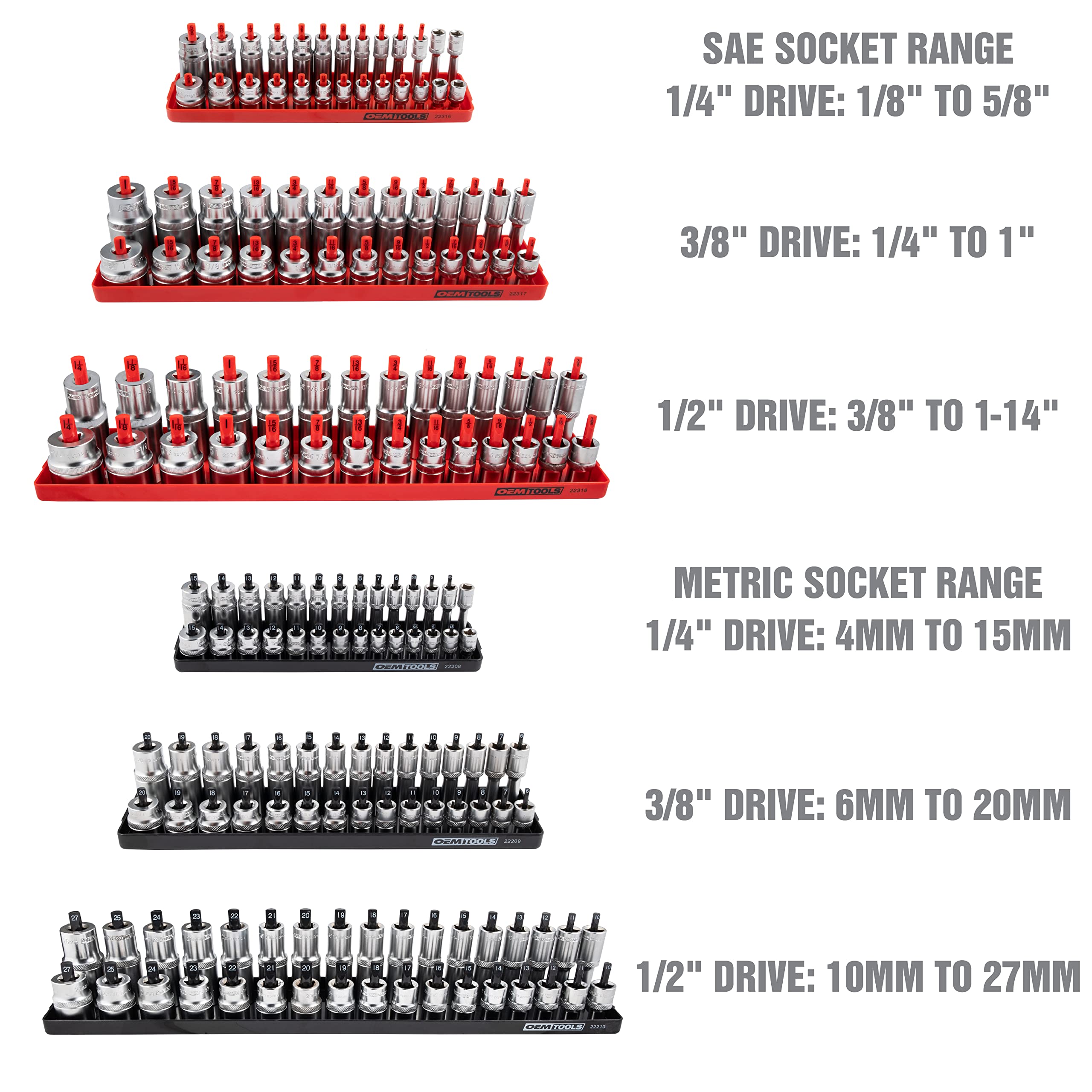 OEMTOOLS 22234 6 Piece SAE and Metric Socket Tray Set, SAE and Metric Socket Storage for Sizes 1/4", 3/8”, and 1/2" Drive, Socket Holders and Socket Organizer Tray for Toolbox, Red and Black