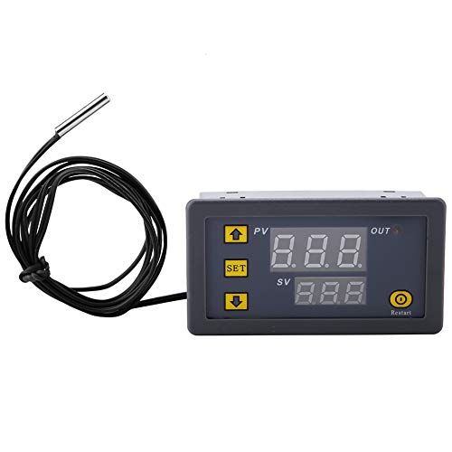 Digital Temperature Controller W3230 DC 12V 24V 220V LCD Digital Timer DC Digital Thermostat Switch Sensor Monitoring Meter with Dual LED Display(12V red and Blue Display)