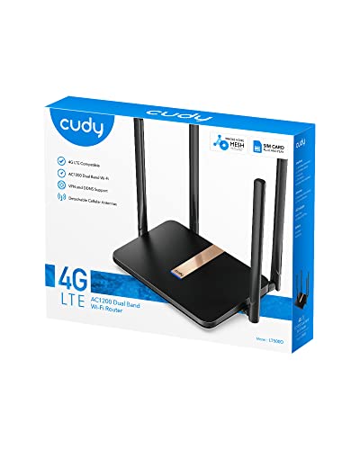 Cudy New AC1200 Unlocked 4G LTE Modem Router with SIM Card Slot, 1200Mbps Mesh WiFi, EC25-AFX Qualcomm Chipset, Detachable Cellular Antennas, DDNS, VPN, LT500D